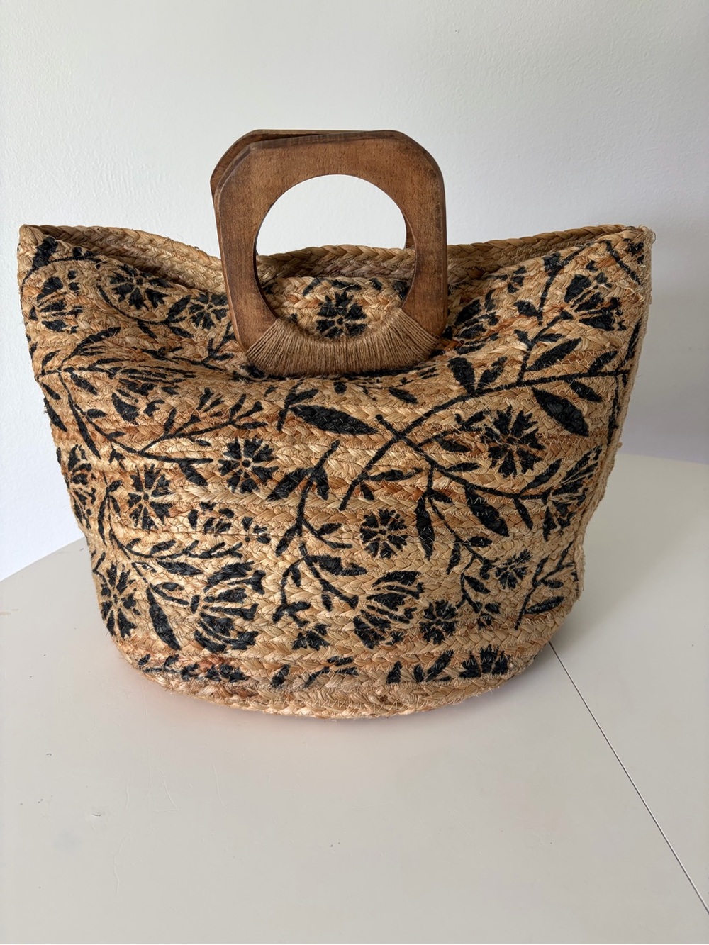 Antik Kraft x Anthropologie Dominque Black Floral Jute Tote Bag Wooden Handles